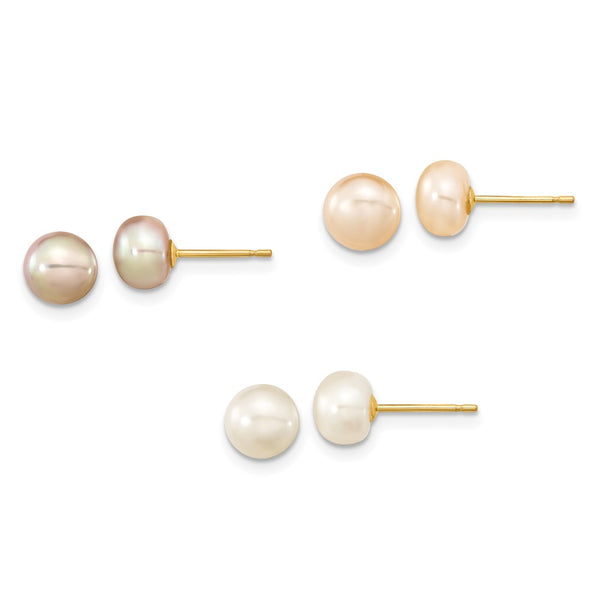 14K Gold Freshwater Pearl Earrings Set - 3 Pairs, 6-7mm