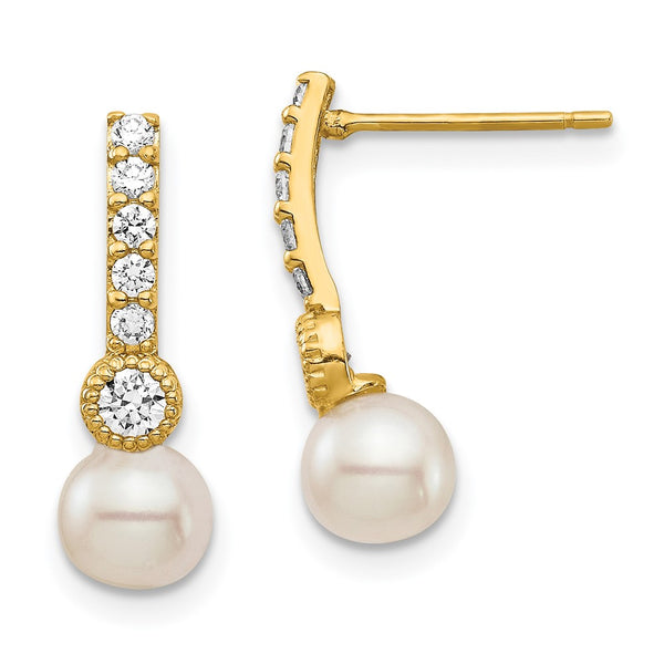 14K White Gold 6mm Pearl & CZ Drop Earrings