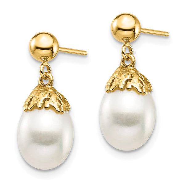 14K Gold 7-8mm White Rice Freshwater Pearl Drop Earrings