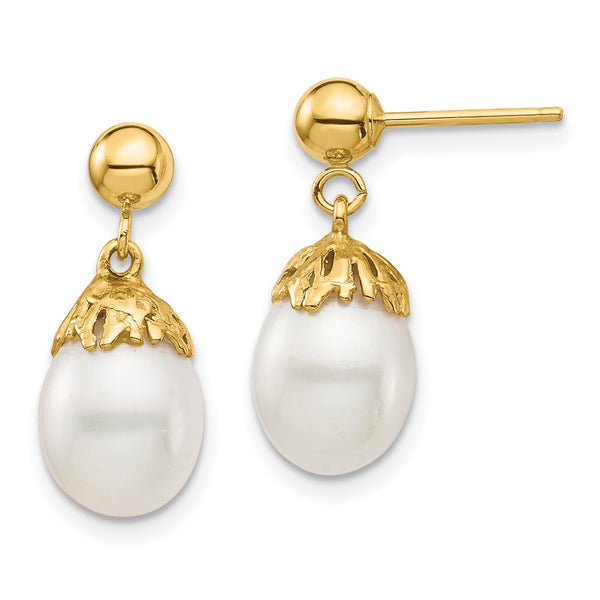 14K Gold 7-8mm White Rice Freshwater Pearl Drop Earrings
