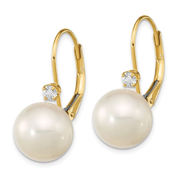 14K White Gold Leverback Earrings - 9-9.5mm Pearls, 0.10ct Diamonds
