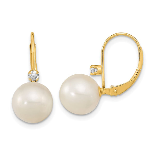 14K White Gold Leverback Earrings - 9-9.5mm Pearls, 0.10ct Diamonds