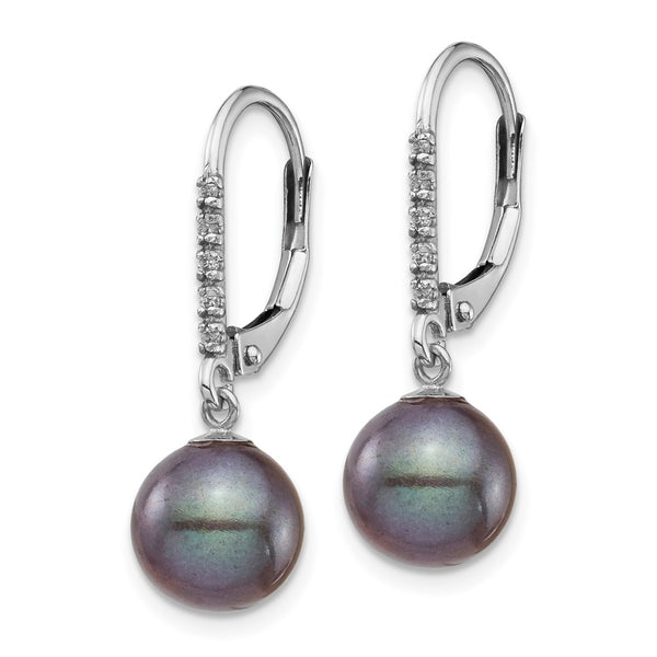 14K White Gold Dangle Earrings with 8-9mm Black Pearls & Diamonds