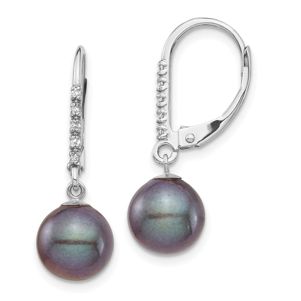 14K White Gold Dangle Earrings with 8-9mm Black Pearls & Diamonds