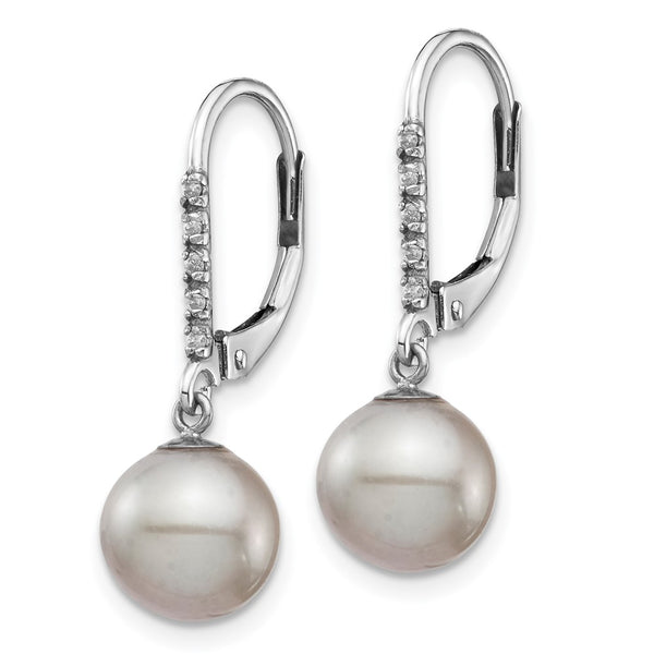 14K White Gold Dangle Earrings with 8-9mm Pearls & Diamonds