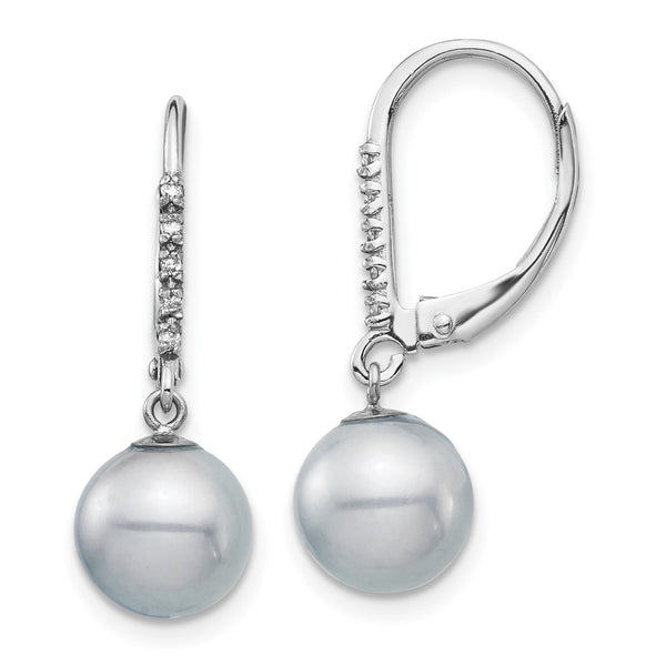 14K White Gold Dangle Earrings with 8-9mm Pearls & Diamonds