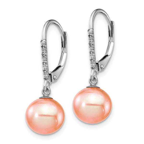 14K White Gold Dangle Earrings with 8-9mm Pink Pearls & Diamonds