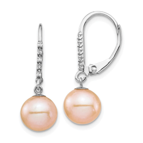 14K White Gold Dangle Earrings with 8-9mm Pink Pearls & Diamonds