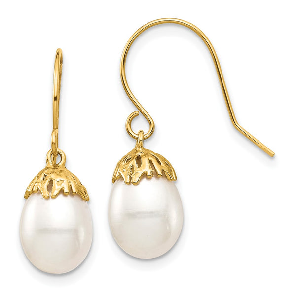 14K Gold 7-8mm White Rice Pearl Drop Earrings