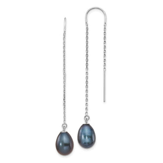 Designer 14K White Gold Threader Earrings with 7-8mm Black Pearls - Luxury Value