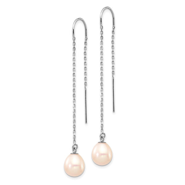 14K White Gold Threader Earrings with 7-8mm Pearl Drops
