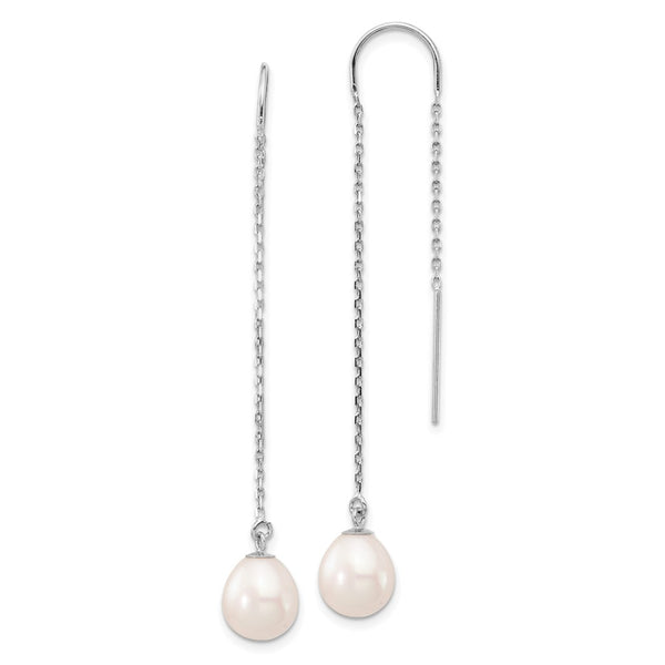 14K White Gold Threader Earrings with 7-8mm Pearl Drops