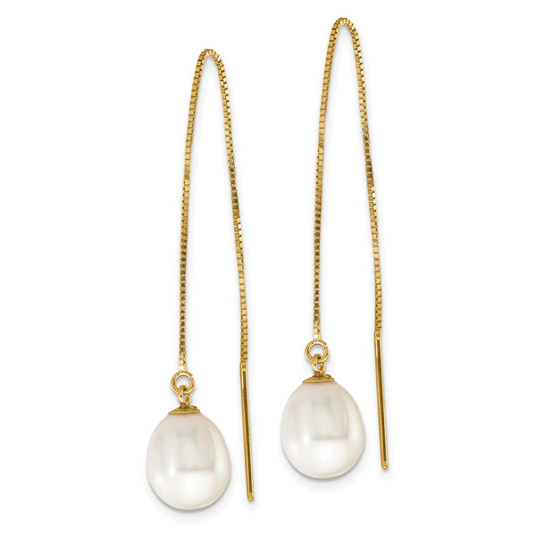 14K Gold Threader Earrings with 7-8mm White Pearls