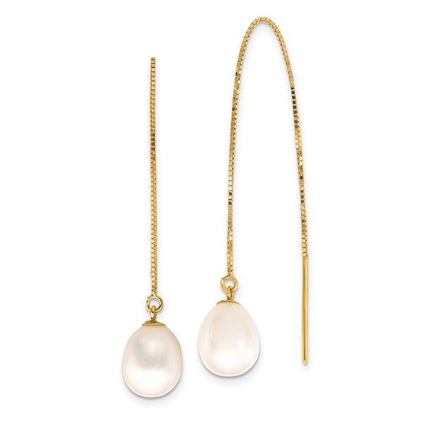 14K Gold Threader Earrings with 7-8mm White Pearls