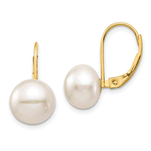 14K White Gold Leverback Earrings with 9-10mm Pearls