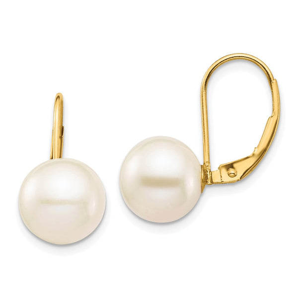 14K White Gold Leverback Earrings with 9-10mm Freshwater Pearls