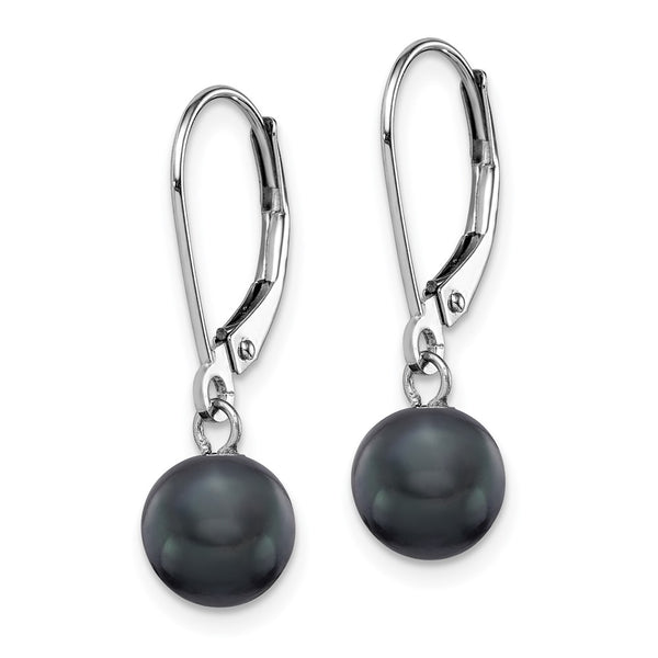 14k White Gold Leverback Earrings with 7-8mm Black Pearls