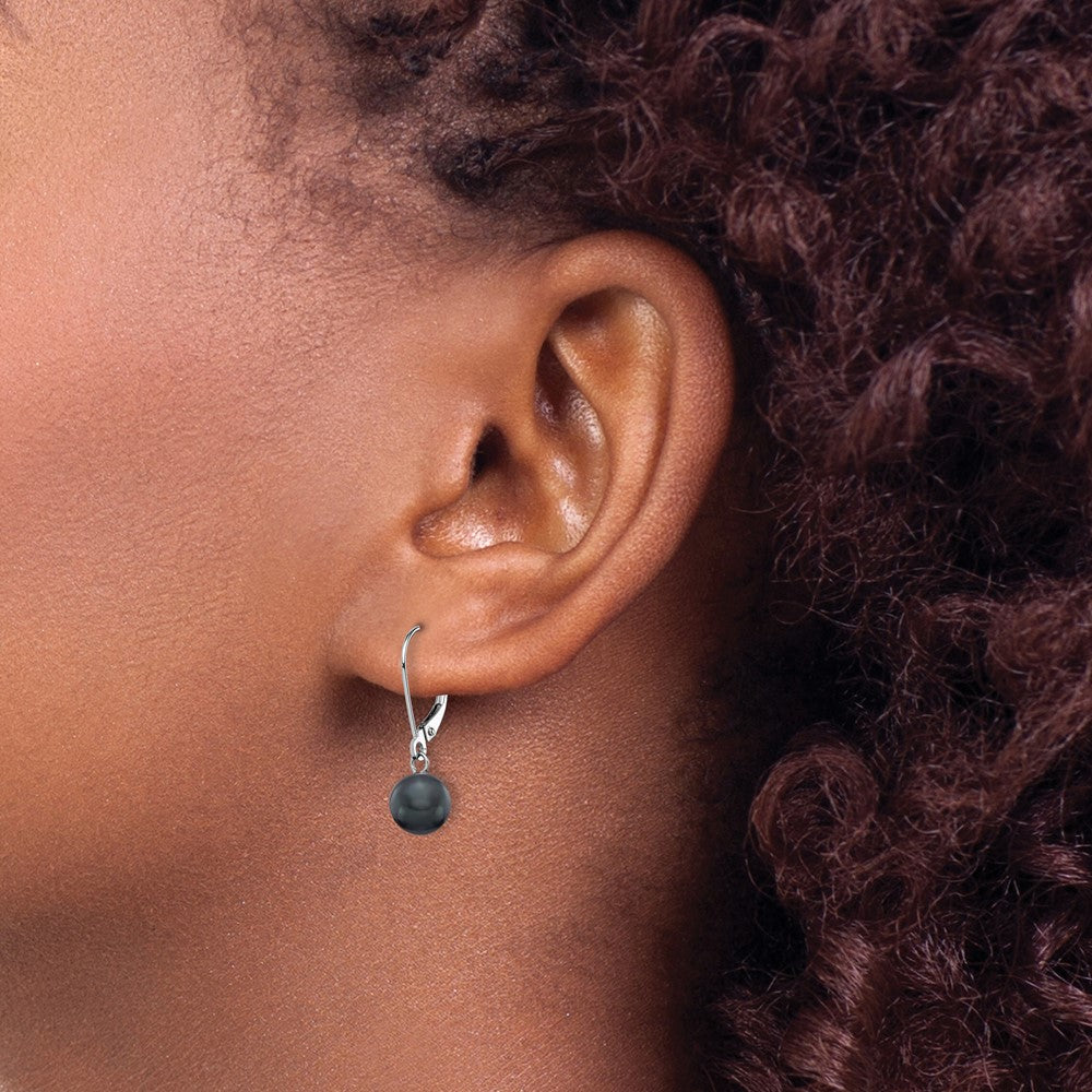 Order Stylish 14k White Gold Leverback Earrings with 7-8mm Black Pearls