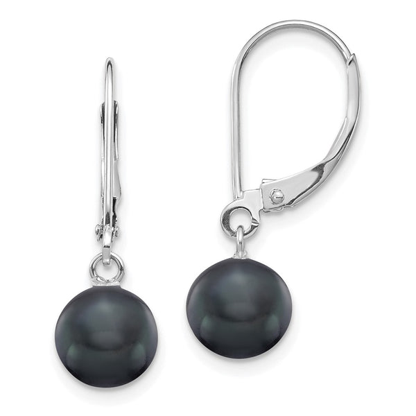 14k White Gold Leverback Earrings with 7-8mm Black Pearls