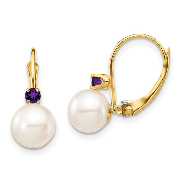 14K White Gold Leverback Earrings with 7-7.5mm Pearls & .14 Carat Amethyst
