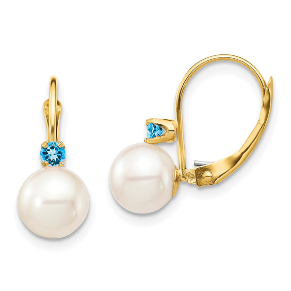 14K White Gold Leverback Earrings with 7-7.5mm Pearls & .18ct Topaz