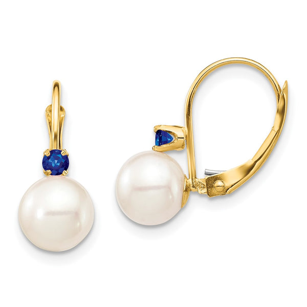 14K White Gold Leverback Earrings with 7-7.5mm Pearls & .18ct Sapphire