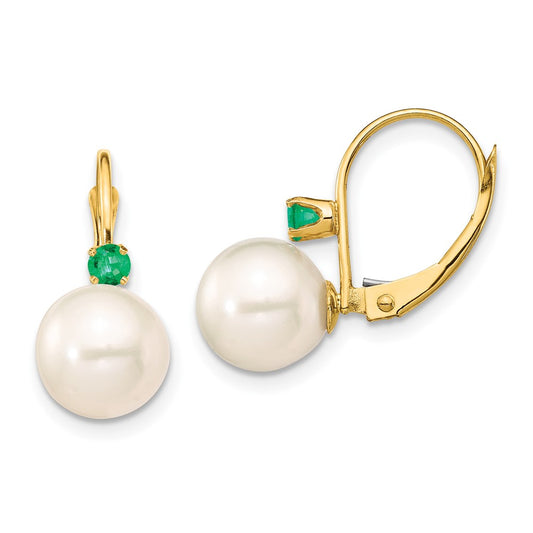 High-Quality 14K White Gold Earrings with 8.5mm Pearls & .18ct Emeralds