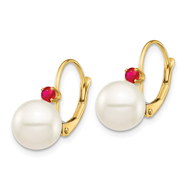 14K White Gold Leverback Earrings with 8-8.5mm Pearls & Ruby