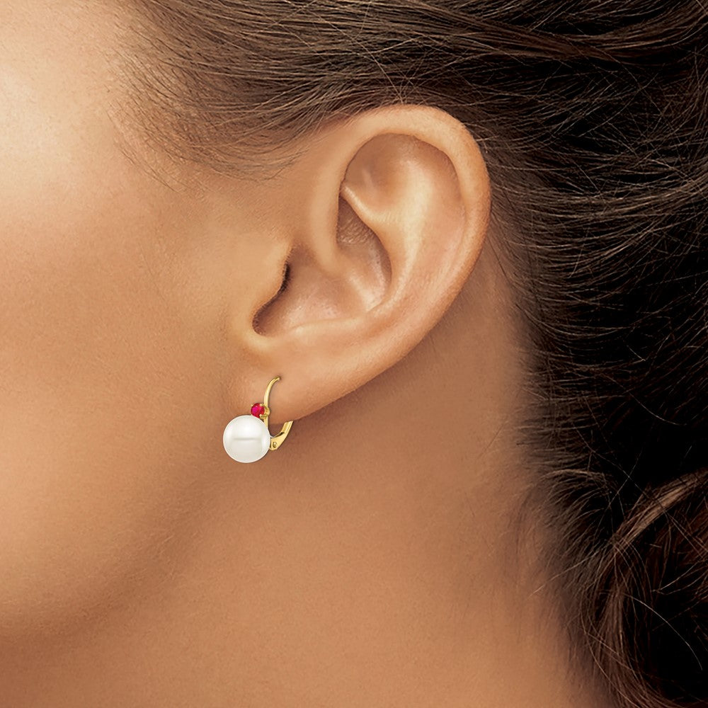 Buy Designer 14K White Gold Leverback Earrings with 8-8.5mm Pearls & Ruby