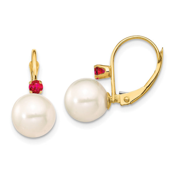 14K White Gold Leverback Earrings with 8-8.5mm Pearls & Ruby