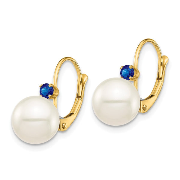 14K White Gold Leverback Earrings with 8-8.5mm Pearls & Sapphire