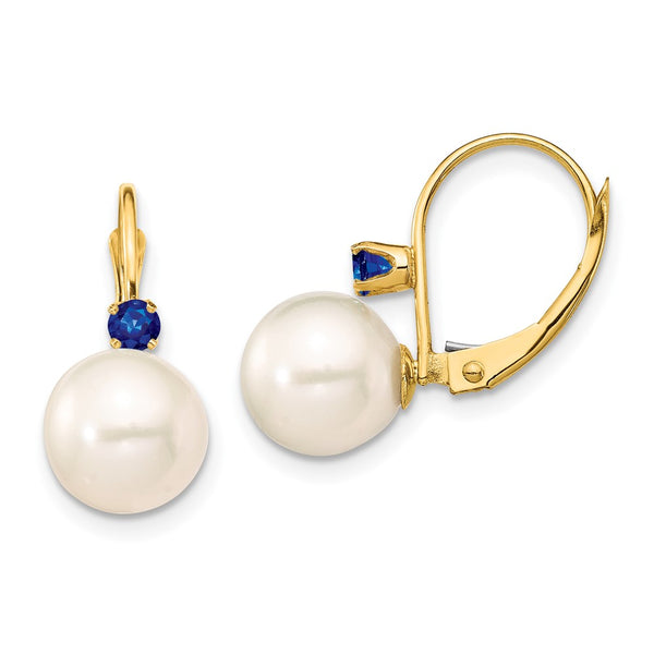 14K White Gold Leverback Earrings with 8-8.5mm Pearls & Sapphire