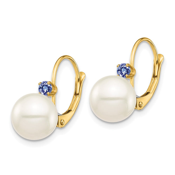 High-Quality 14K White Gold Leverback Earrings with 8mm Pearls & Tanzanite-2