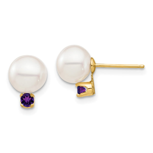14K White Gold Freshwater Pearl & Amethyst Stud Earrings, 7-7.5mm