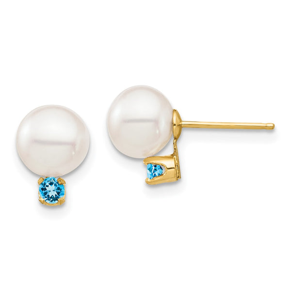 14K White Gold Pearl & Swiss Blue Topaz Stud Earrings