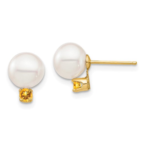 14K White Gold Freshwater Pearl Earrings .14ct Citrine Accents