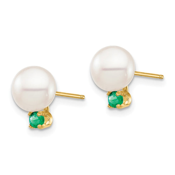 14K White Gold Pearl & Emerald Stud Earrings - 7-7.5mm