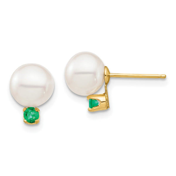 14K White Gold Pearl & Emerald Stud Earrings - 7-7.5mm
