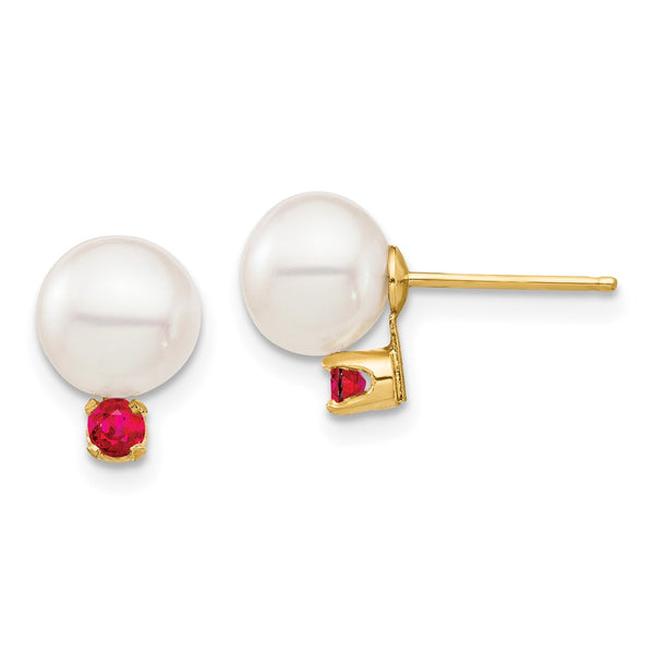14K White Gold Pearl & Ruby Stud Earrings - 7-7.5mm, .18ct