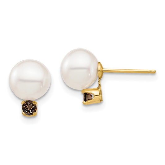 Designer 14K White Gold Pearl & Smoky Quartz Stud Earrings - Stylish Value!
