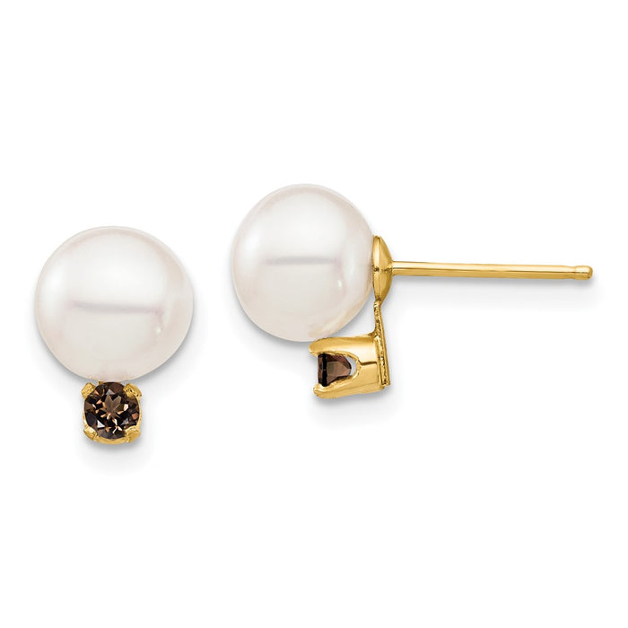 Designer 14K White Gold Pearl & Smoky Quartz Stud Earrings - Stylish Value!-1