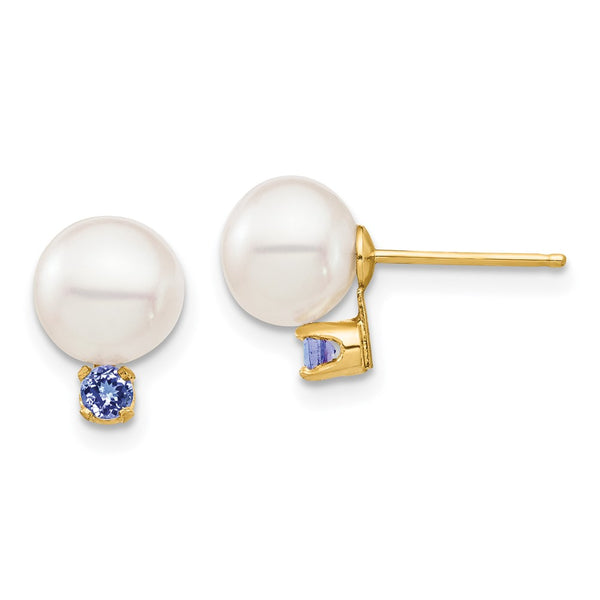 14K White Gold Pearl & Tanzanite Stud Earrings, 7-7.5mm