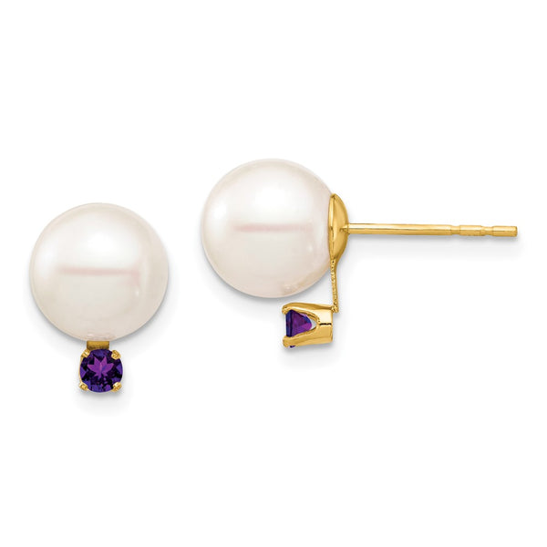 14K White Gold Pearl & Amethyst Stud Earrings - 8-8.5mm
