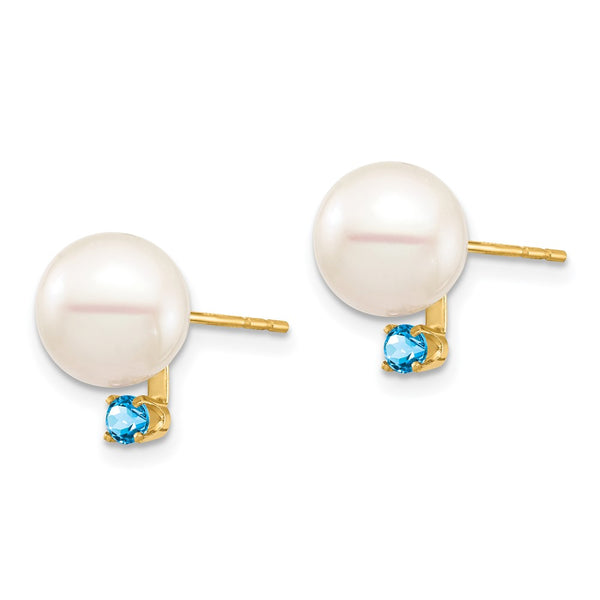14K White Gold Pearl Earrings 8-8.5mm with .18CT Topaz