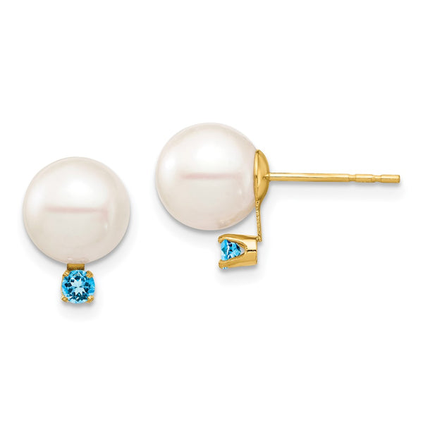 14K White Gold Pearl Earrings 8-8.5mm with .18CT Topaz