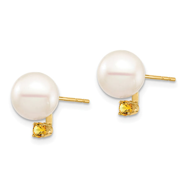14K White Gold Pearl & Citrine Stud Earrings - 8-8.5mm, .14ct