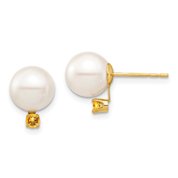 14K White Gold Pearl & Citrine Stud Earrings - 8-8.5mm, .14ct