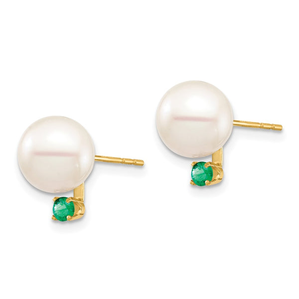 14K White Gold Pearl Earrings with .18 Carat Emerald