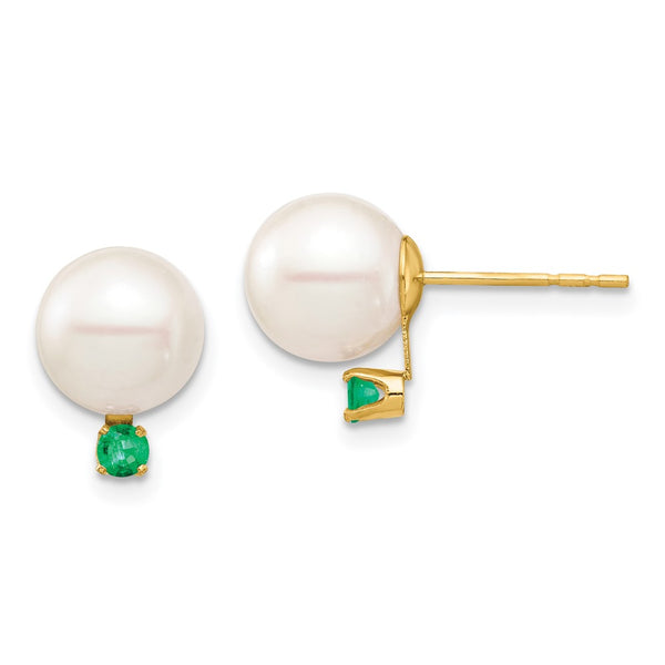 14K White Gold Pearl Earrings with .18 Carat Emerald