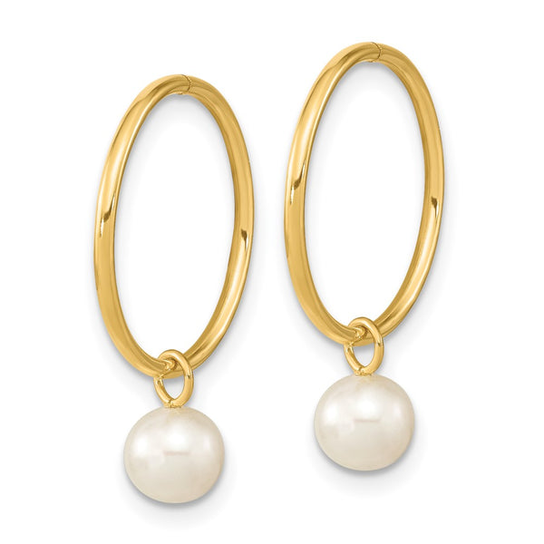 14K Gold 5-6mm White Pearl Dangle Hoop Earrings at Prices